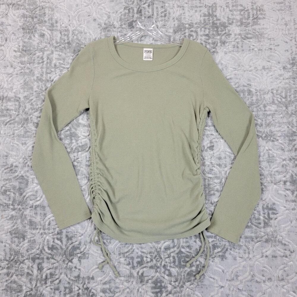 Pink Victorias Secret Top Women's Large Green Shirt Logo Waffle Knit Thermal